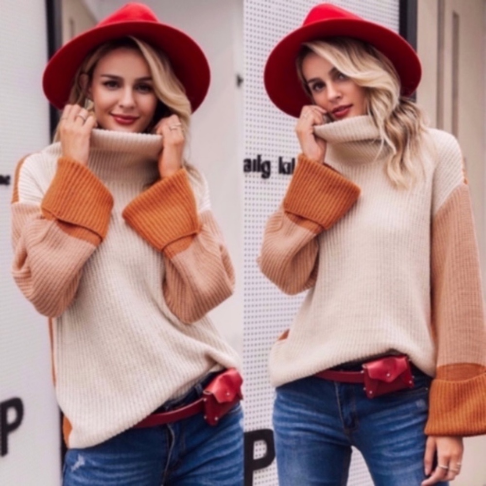 chic turtleneck color block cozy knit sweater - - Picture 4 of 7
